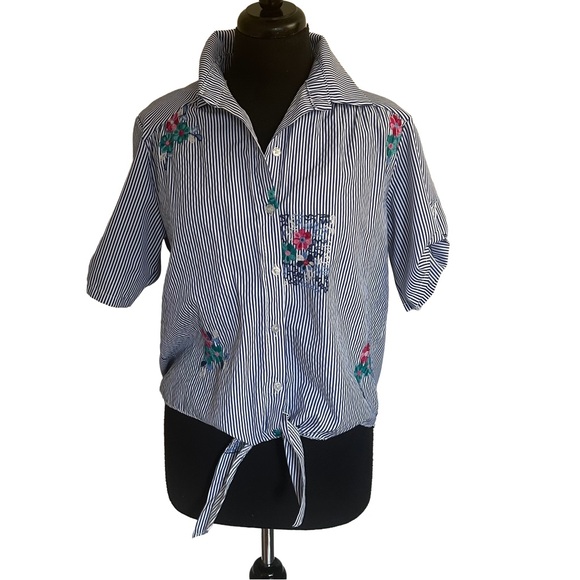 Tops - Striped Blue and White shirt with Floral Embroidery.  Size M